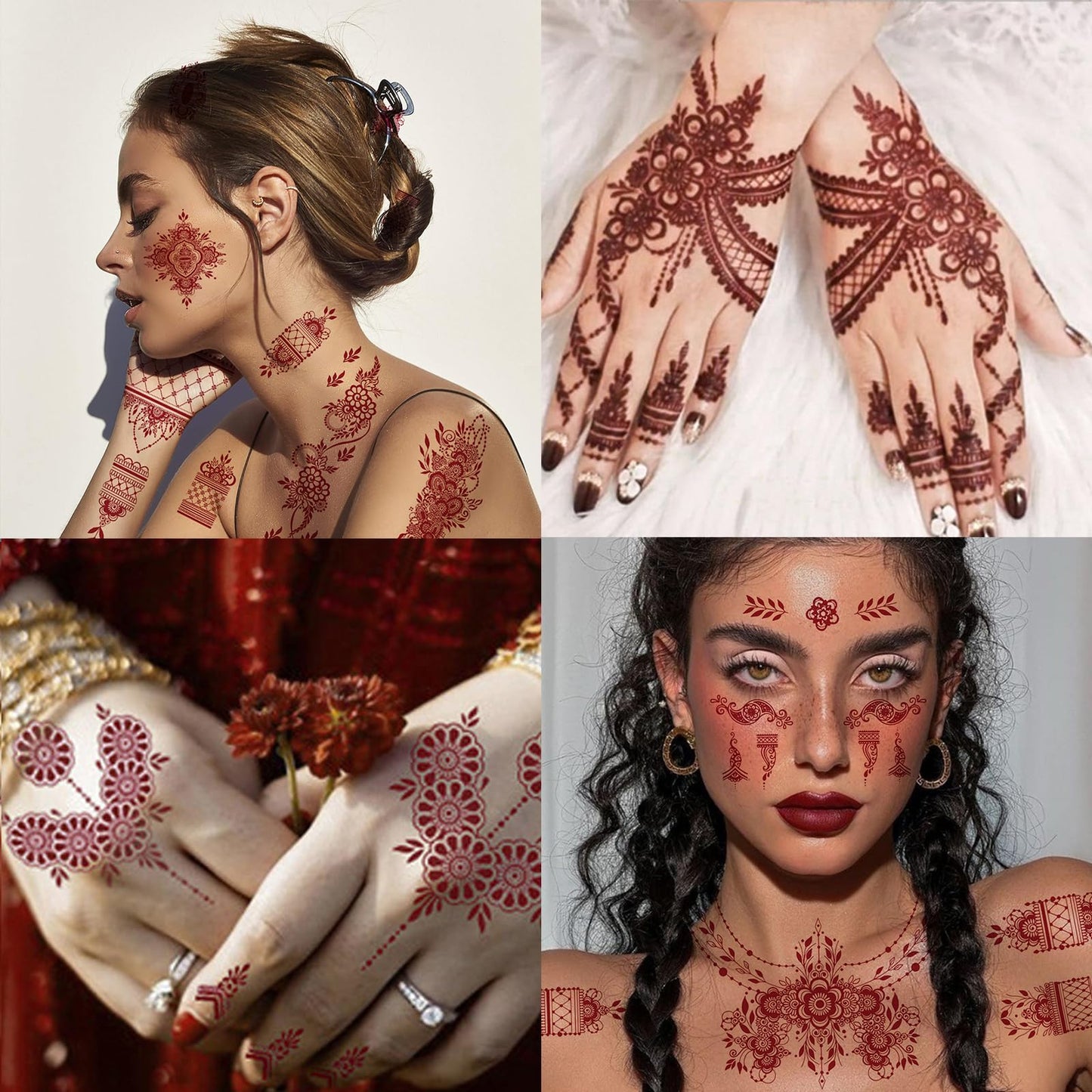8 Sheets Henna Tattoos Temporary Stickers Waterproof Sexy Women Body Red Brown Party Masquerade Halloween Peacock Lotus DIY Face Arms Legs Art Decoration