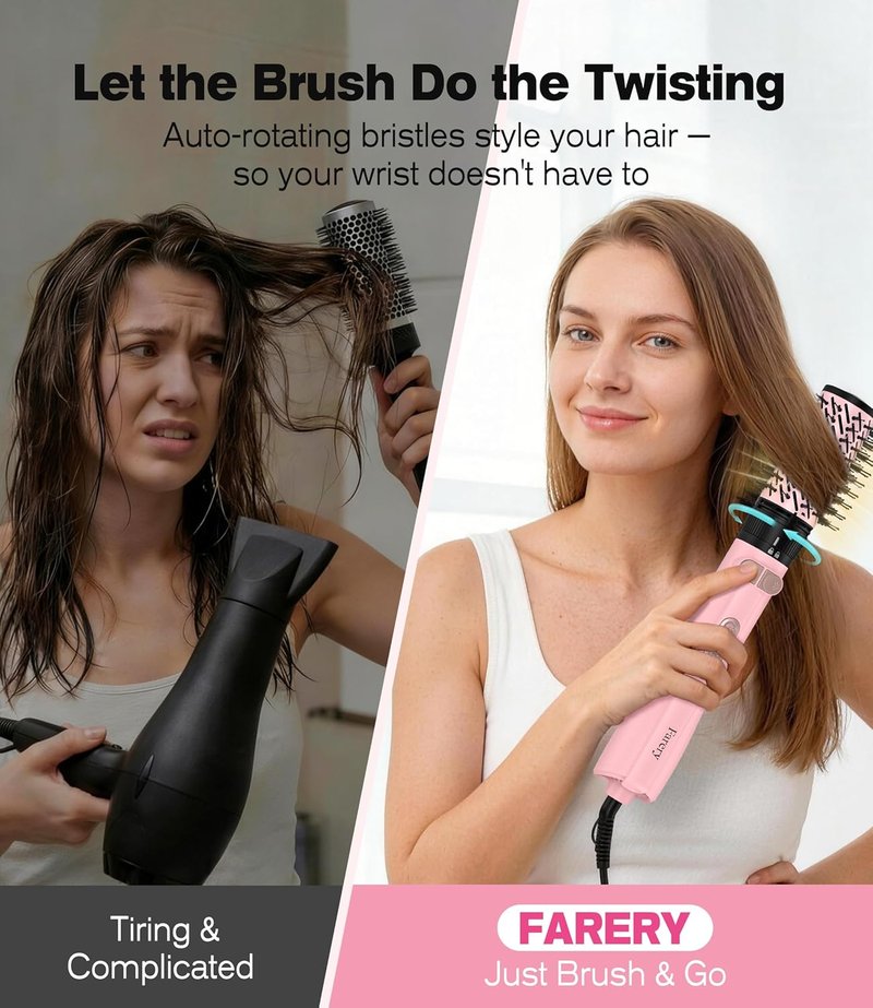 Farery Rotating Hot Air Brush Set - 1000W 4-in-1 Blow Dryer Brush for Volume, Smooth & Curl | Ideal for Fine to Medium-Thick Hair, Pink