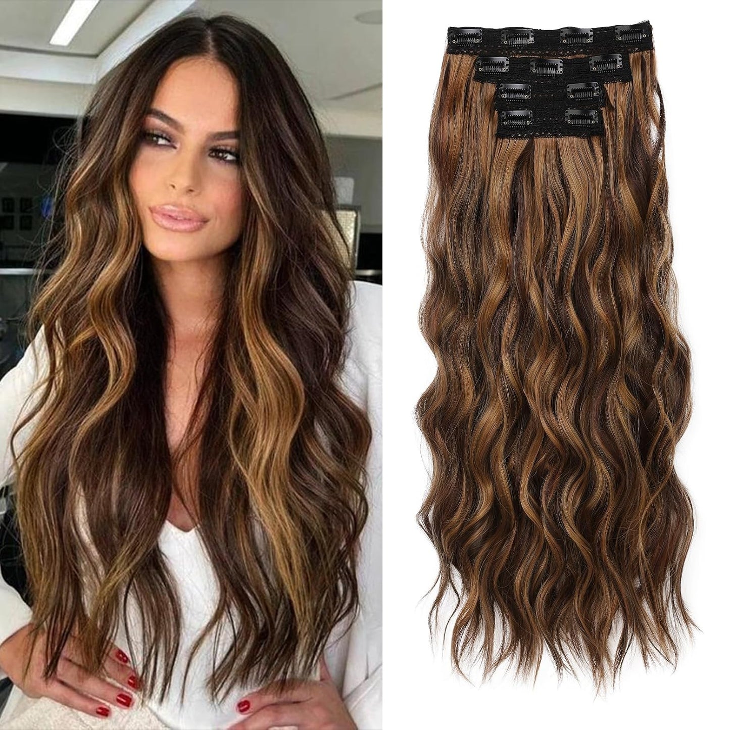 REECHO Clip-In Hair Extensions - 24" Thick Blonde Beach Waves | Invisible Lace Weft, Natural Soft Hairpieces for Women