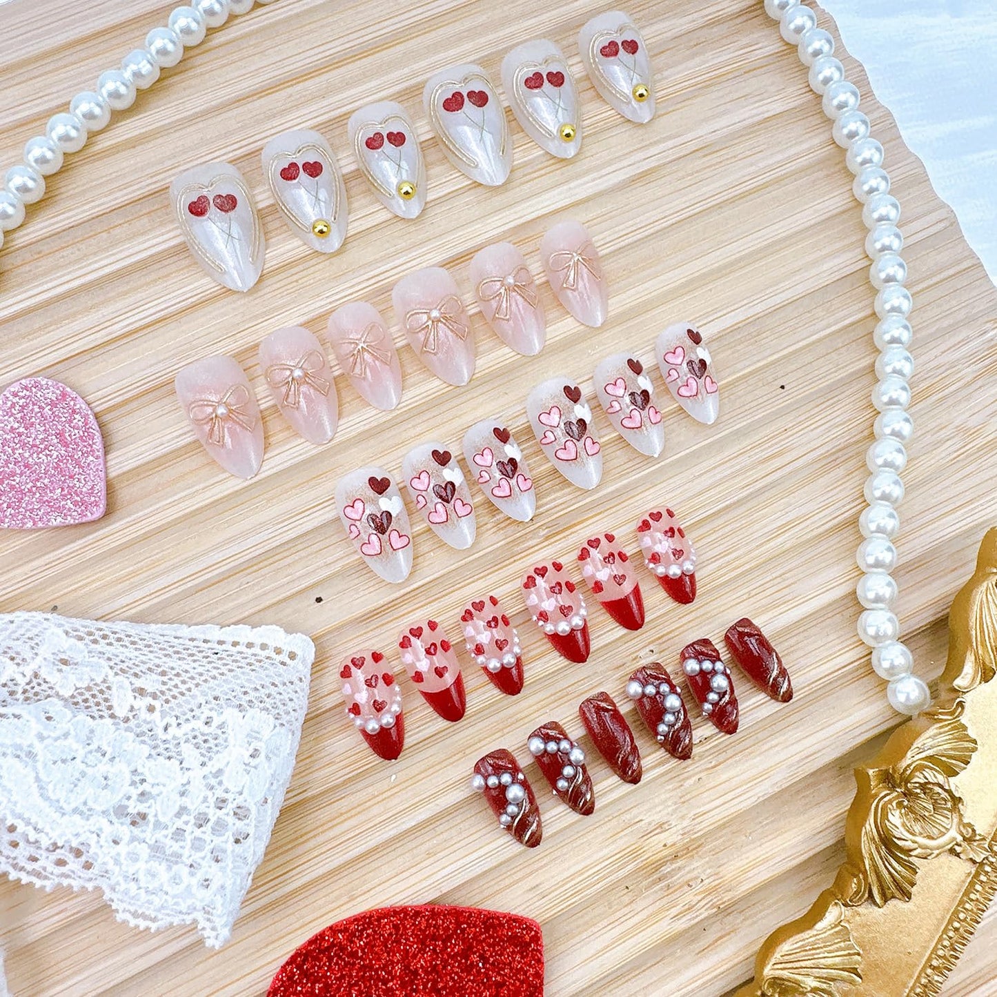 Valentine's Press-On Nails - 30 Pcs Short Almond Red French Tip with Pearl & Gold Bow | Romantic Heart Acrylic Set