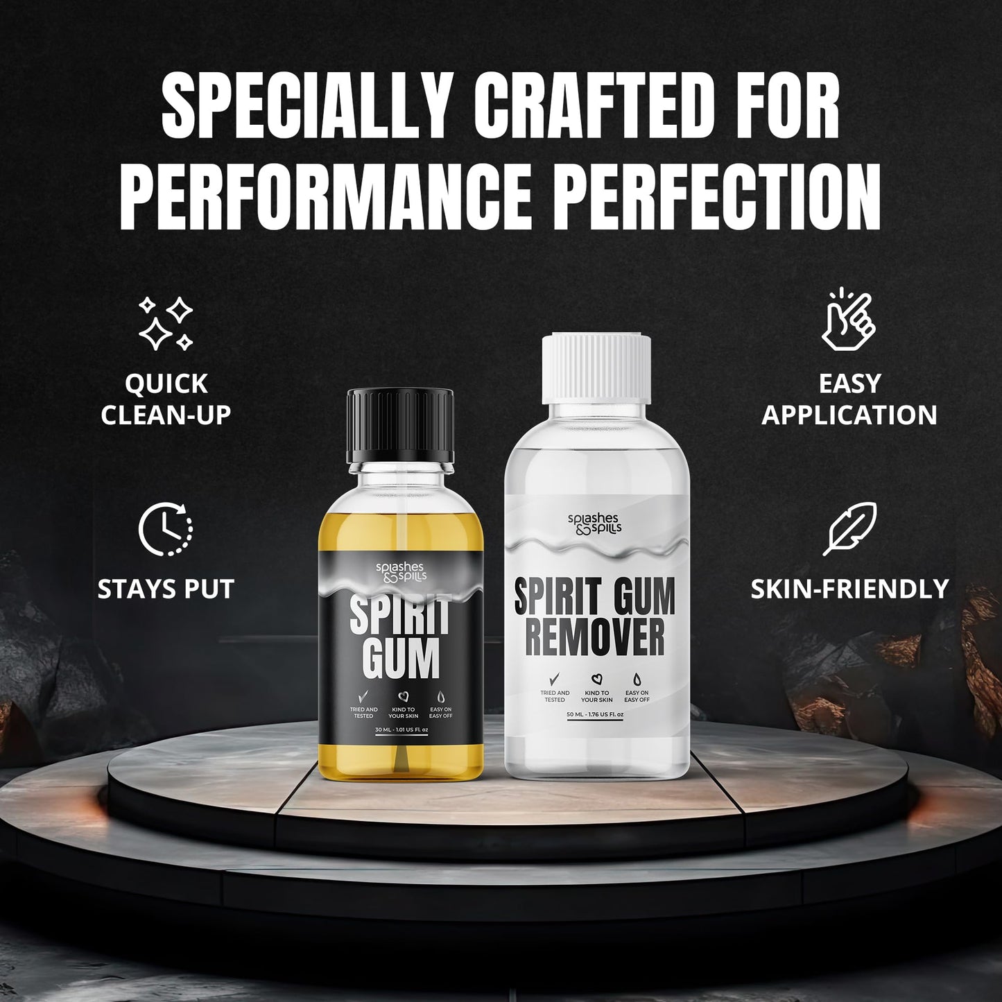 Professional Grade Spirit Gum Adhesive and Remover - SFX Skin Glue Adhesives for Halloween, Cosplay - Vegan Friendly Formulas for Show-Stopping Looks - 30ml and 50ml - Splashes & Spills