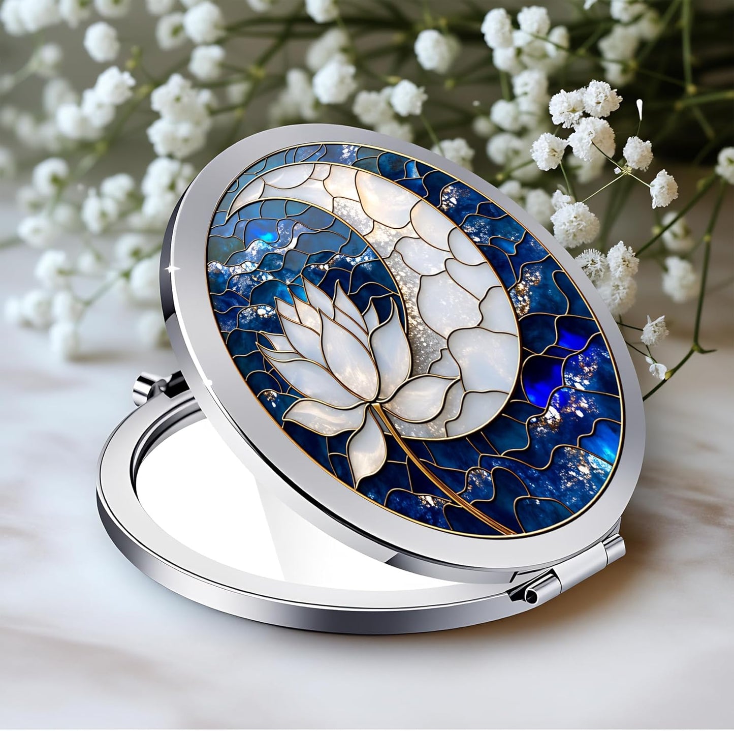 Silver Compact Mirror - Double-Sided Folding Makeup Mirror with White Rose Design | 2.8" x 2.8" Ideal Gift for Women