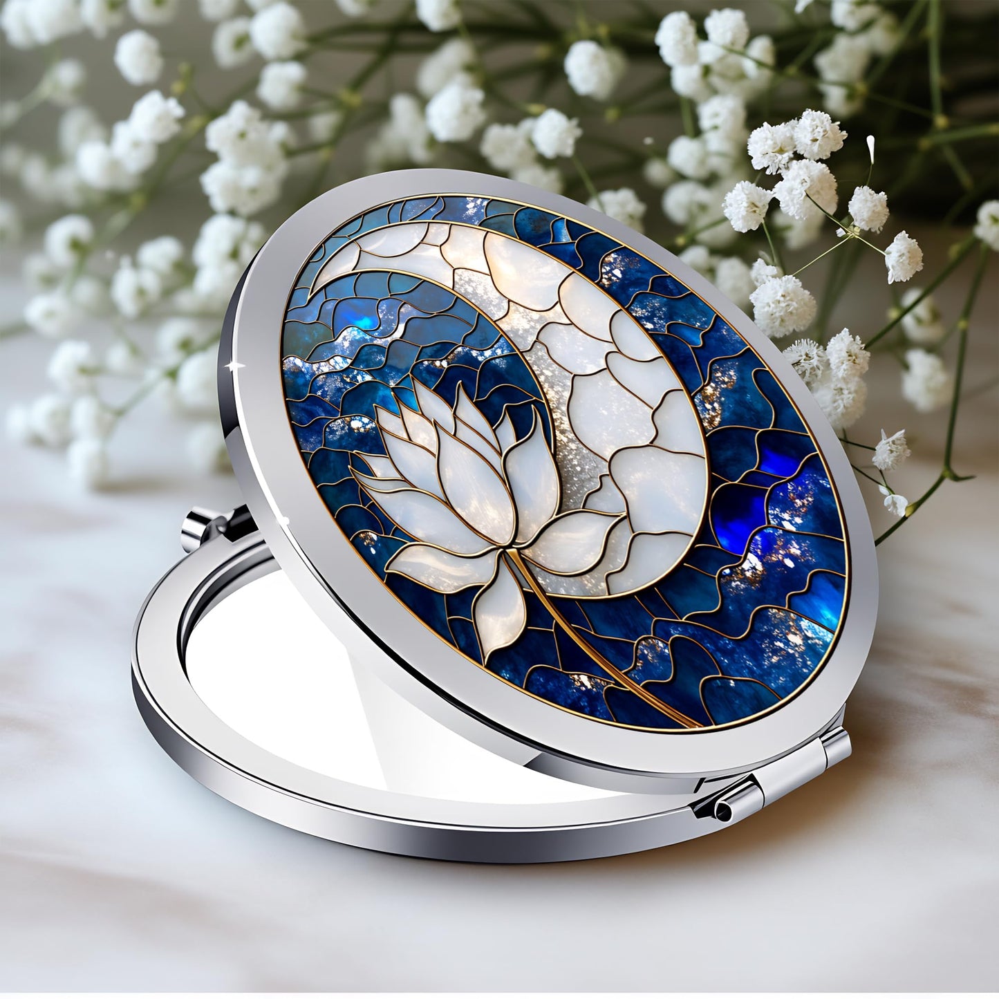 Silver Compact Mirror, 2.8x2.8inch Double-Sided Folding Makeup Mirror with Moon Lotus Stained Design, Ideal Gift for Women
