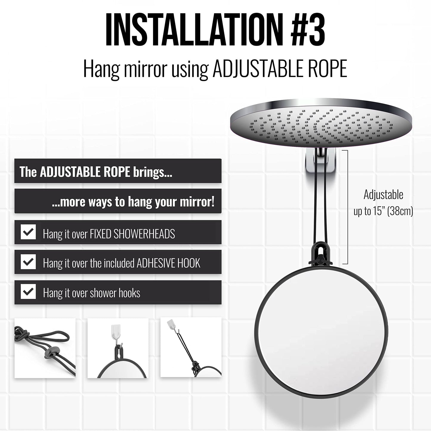MIRRORVANA Small Shower Mirror for Shaving with 3 Attachment Options: Hook, Suction Cups, Length Adjustable Rope - Portable, Shatterproof, with Bonus Anti-Fog Spray Included - 6" Wide
