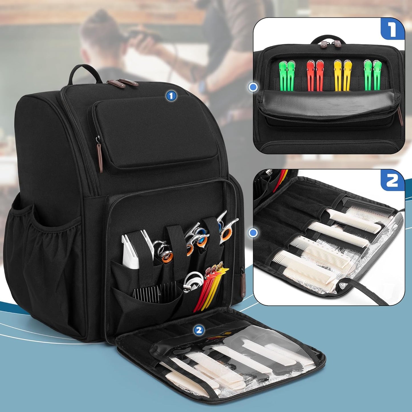 Insulated Barber Case - Large Capacity Hairstylist Bag with Semi-Detachable Divider & 2 Removable Pouches | Black