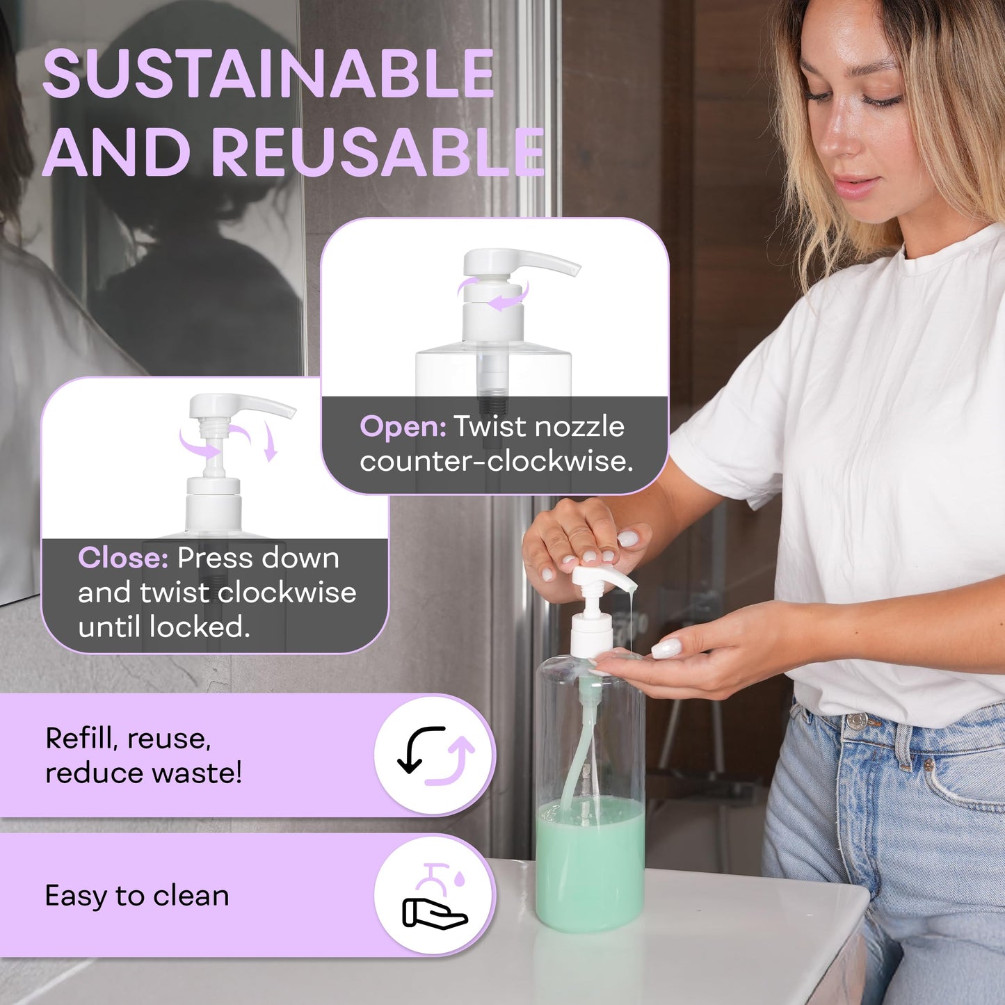 BRIGHTFROM Empty Shampoo Pump Bottles, 32 OZ / 1 Liter, BPA-Free Cylinder Containers, Household & Commercial Use, 2 Pack - Leak Proof