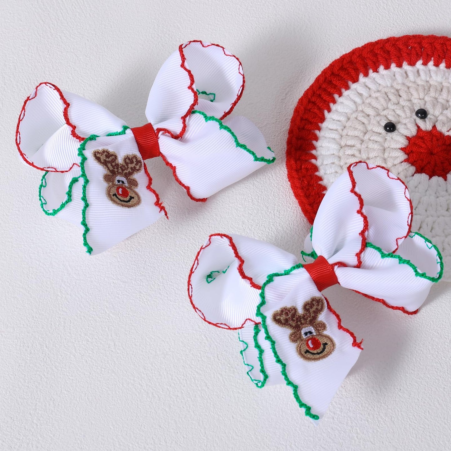 Christmas Embroidered Hair Bow Clips for Girls Women 2-pack 4” Handmade Cute Elk Ribbon Alligator Clip for Teens Toddler Kid Xmas Holiday Party Dress Decoration Accessory Gift