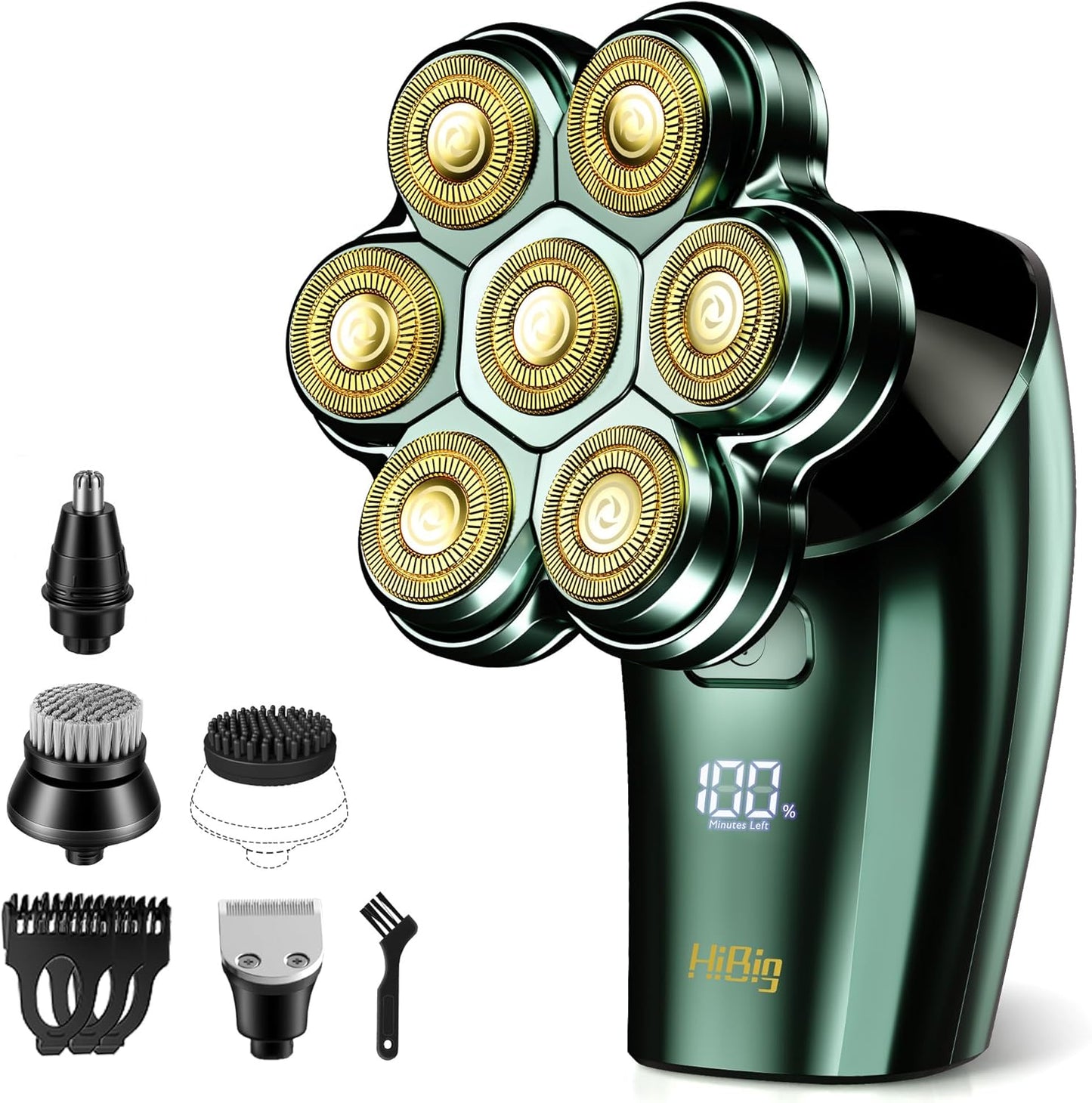 Electric Head Shaver for Bald Men - 7D Arc Magnetic Waterproof 5-in-1 Grooming Kit | Rechargeable Dark Green