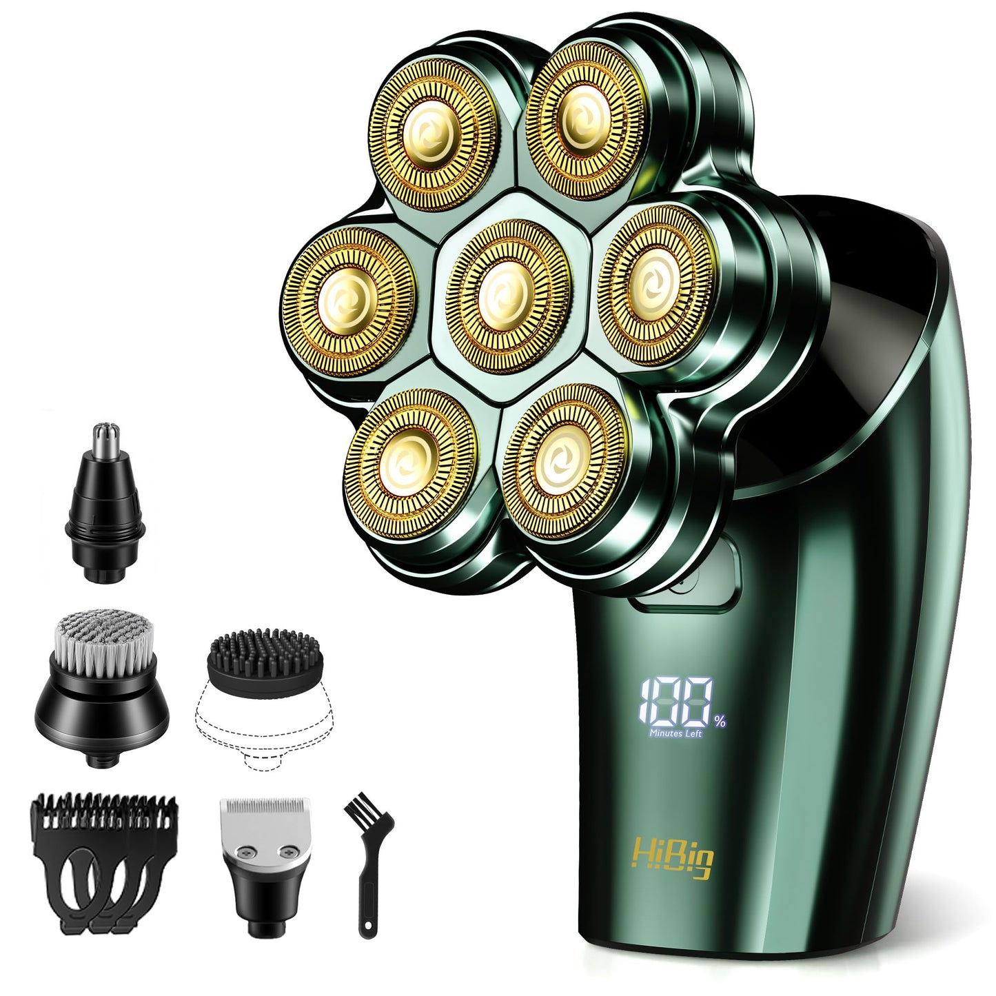 HiBig Head Shavers for Bald Men - 7D Arc Magnetic Detachable Electric Razor, Waterproof Wet Dry 5-in-1 Electric Shaving & Grooming Kit, LED Display Rechargeable Head & Body Hair Shaver, Dark Green