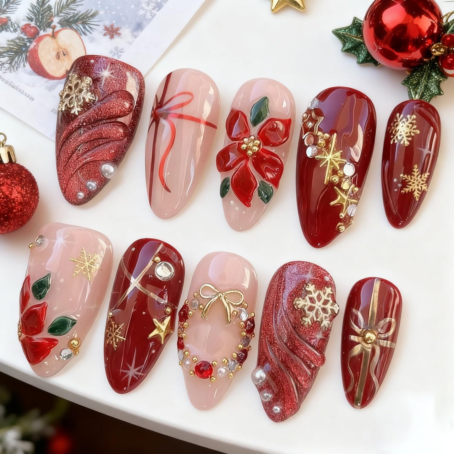 Christmas Press-On Nails - 24Pcs Medium Almond Acrylic with 3D Gold Snowflake & Floral Designs | Winter Red Full Cover