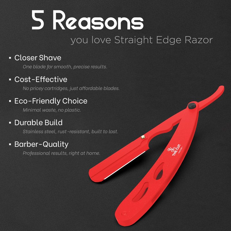 The Cut- Factory- Straight Razor with 20 Pack Platinum Treet Single Blade Razors for Men- Professional Barber Straight Edge Razor for Close Shaving 100 Percent Stainless Steel, Red