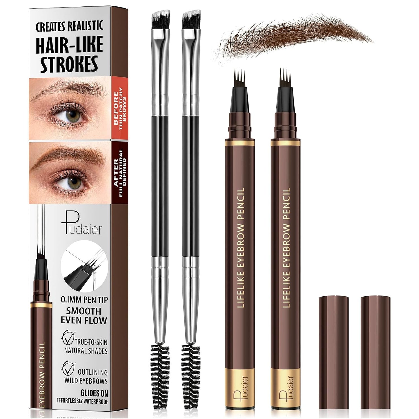 Microblading Eyebrow Pen Set - 4-Tip Waterproof Vegan Formula for Natural Hair-Like Strokes | 2 Pack Soft Brown