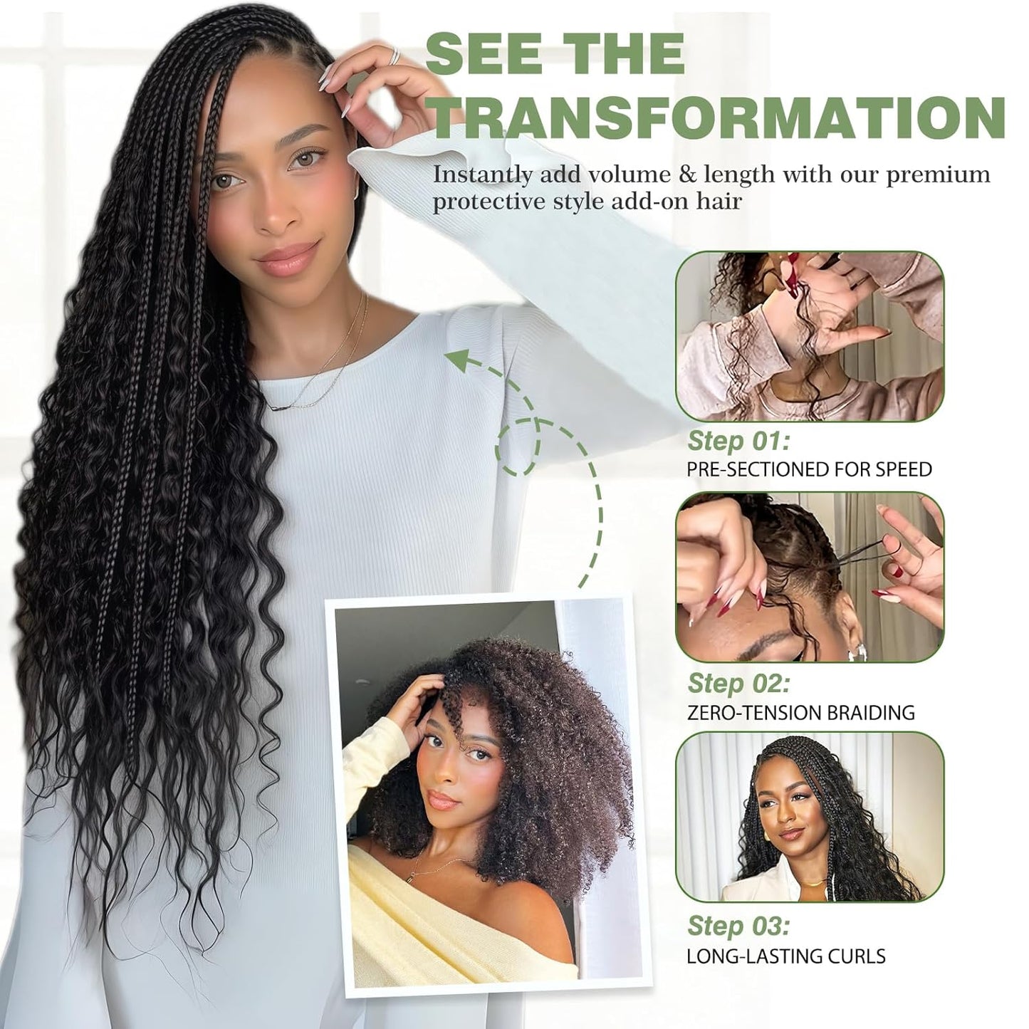 Human Braiding Hair - 14 Inch 100% Deep Wave Boho Hair for Braiding | 3 Bundles Natural Black with Curly Ends, 110g