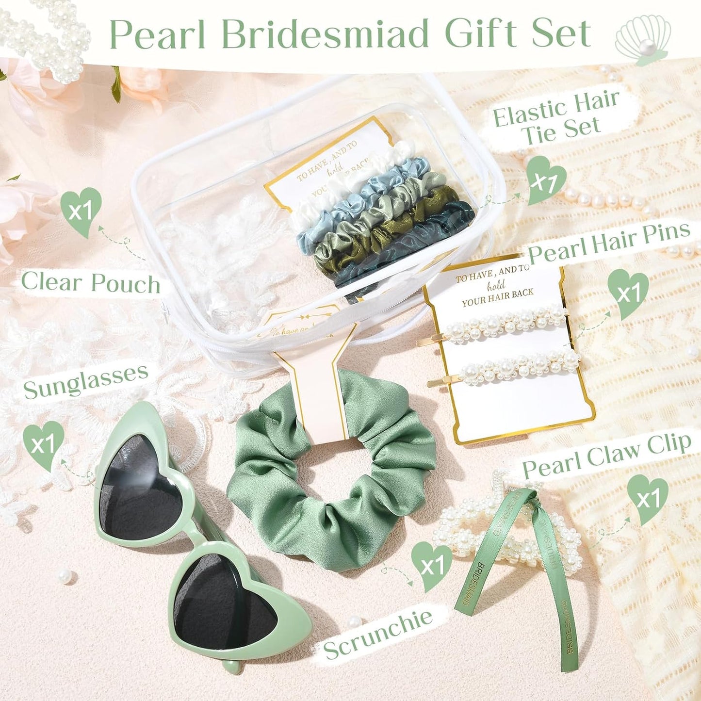 Pearl Gift Set for Bridesmaid Proposal - Clear Makeup Bag, Hair Claw Clips & Scrunchies | Sage Green