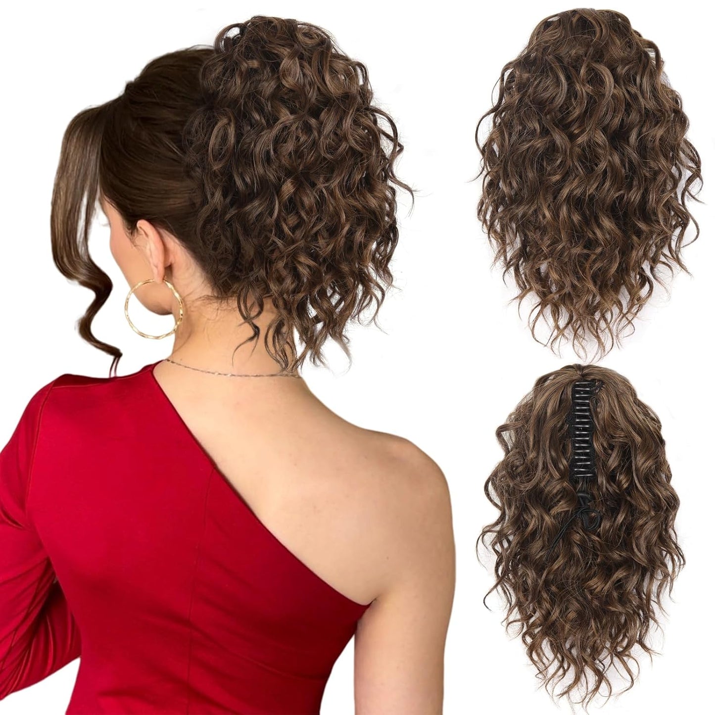 Claw Clip Ponytail Extension - 12 Inch Curly Synthetic Hair Extension | Chocolate Brown