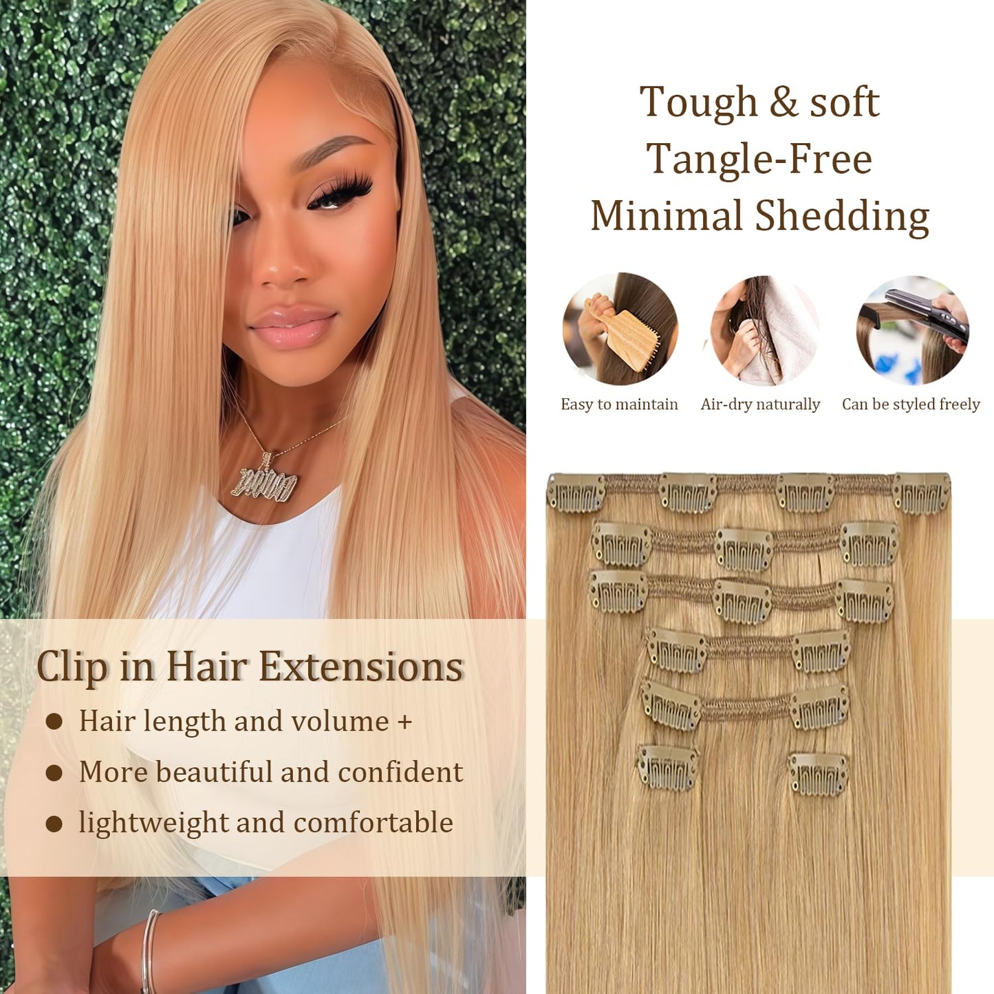 Clip in Hair Extensions Real Human Hair #27 Blonde, 12 Inch 120g/7Pcs,Full Shine Remy Human Hair,Honey Blonde Straight Clip ins Brazilian Virgin Human Hair Extensions