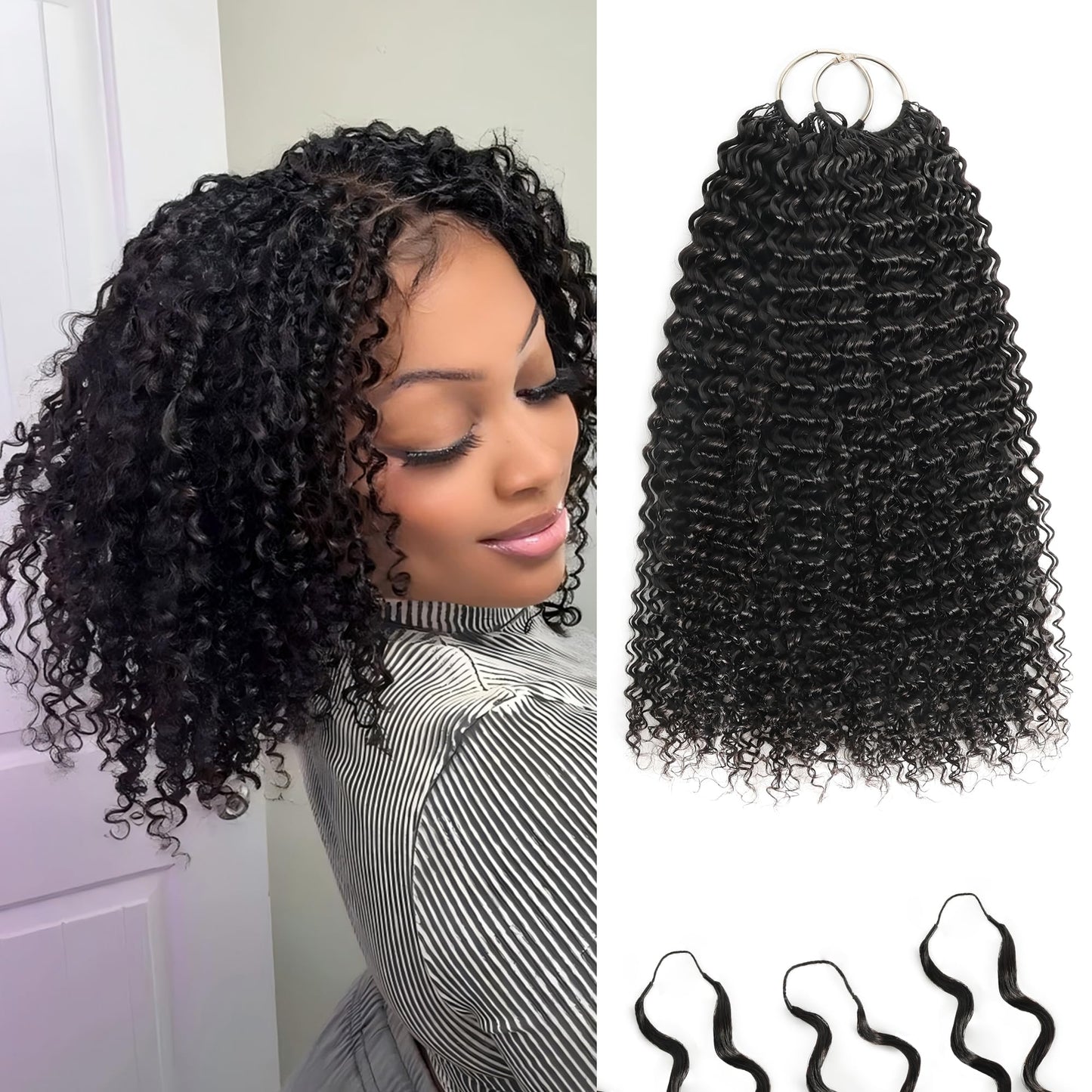 Feather Crochet Human Hair 12 Inch 120g Invisible Miracle Knots Crochet Hair for Black Women Jerry Curly Pre Separated Human Crochet Hair Extensions for Boho Braids Natural Black