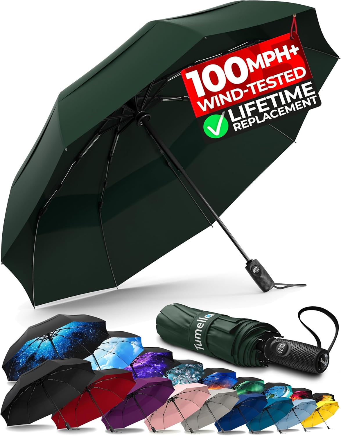 Strongest Windproof Travel Umbrella - Compact, 100MPH Tested | Lightweight, Automatic Folding, One-Handed Use