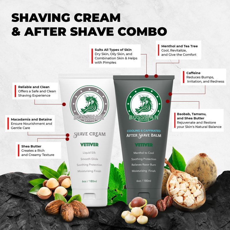 Bossman Silk Lotion Shaving Cream & Cooling After Shave for Men Combo – Shave Cream & After Shave Balm for Men (Vetiver X Scent)