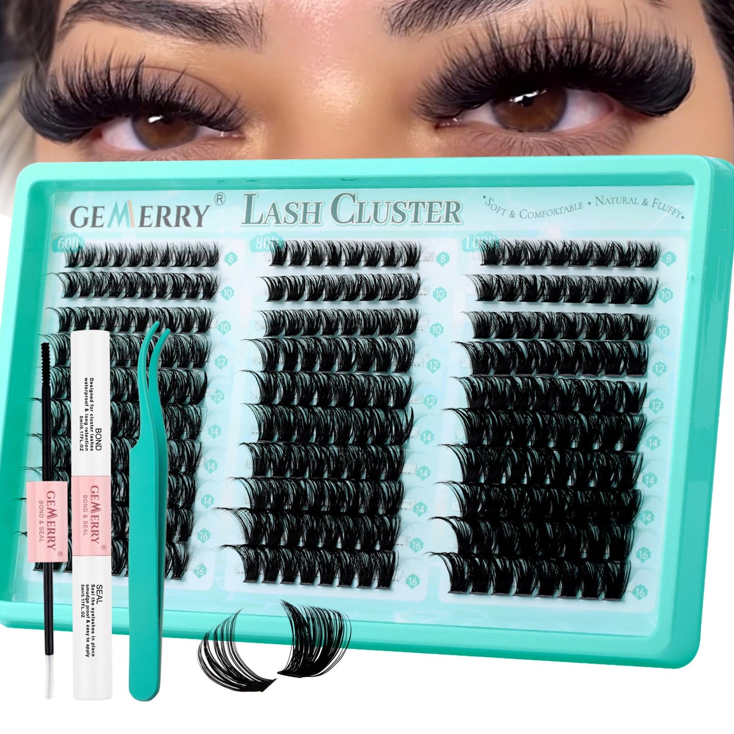 GEMERRY Lash Clusters Kit, Eyelash Clusters Thin Band Lashes Clusters Natural Look Eyelash Extension Kit With Lashes Bond Seal Eyelashes Tweezers (60D+80D+100D,3PCS)