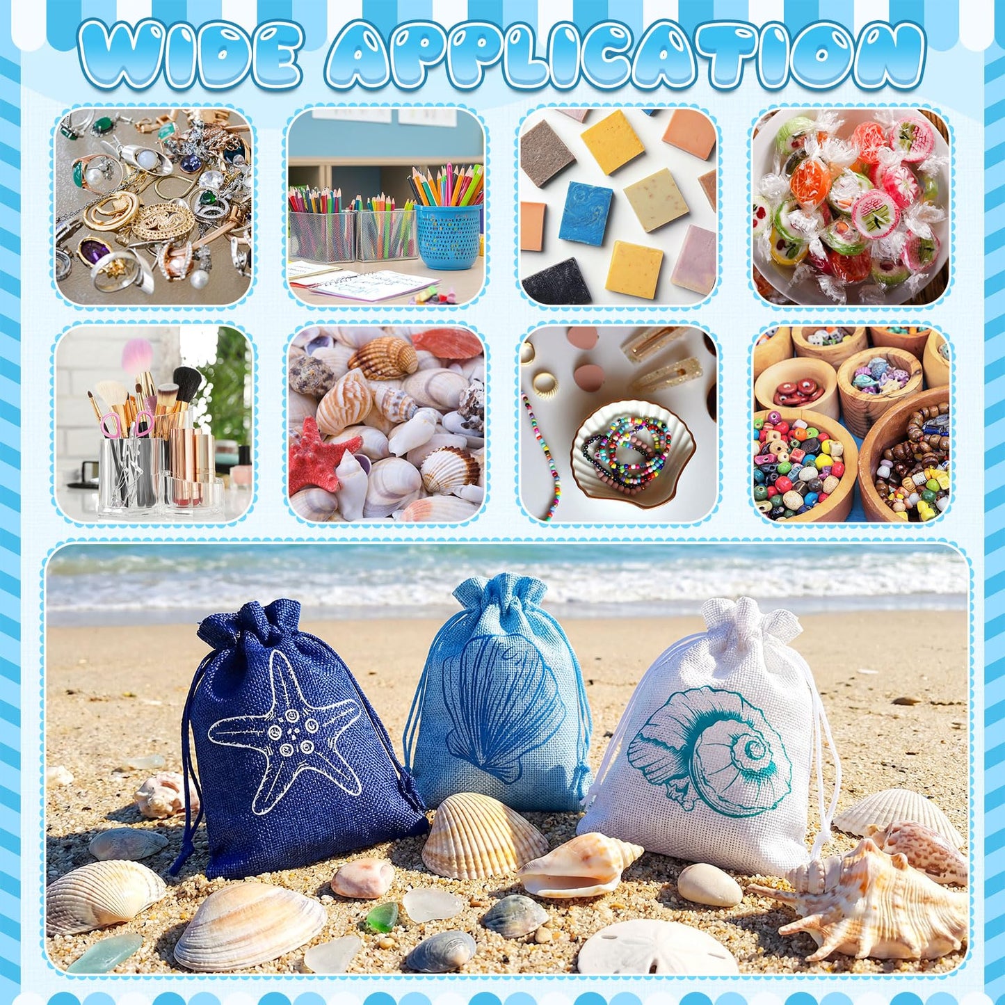 Abbylike 24 Pcs Blue Beach Seashell Burlap Gift Bags Bulk 5 x 7 Inch Starfish Conch Scallop Party Favors Coastal Reusable Drawstring Goodie Bags for Ocean Under The Sea Wedding Party Decor Supplies