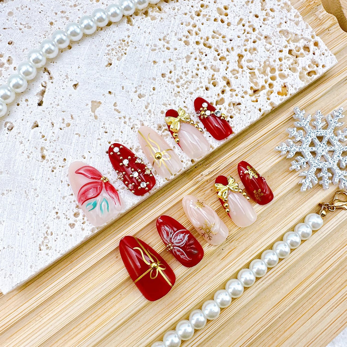 30Pcs Christmas Press-On Nails | Medium Almond Shape with 3D Bow & Gold Snowflake Designs