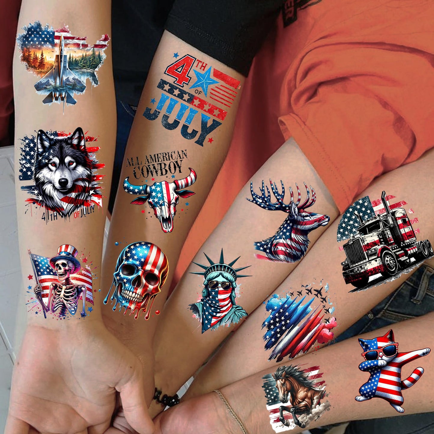49 PCS American Patriotic Tattoos 4th Of July Independence Day Temporary Tattoos Memorial Veterans Labor Day Decoration, Red White And Blue USA Flag Fake Tattoo Sticker Party Favors Party Accessories