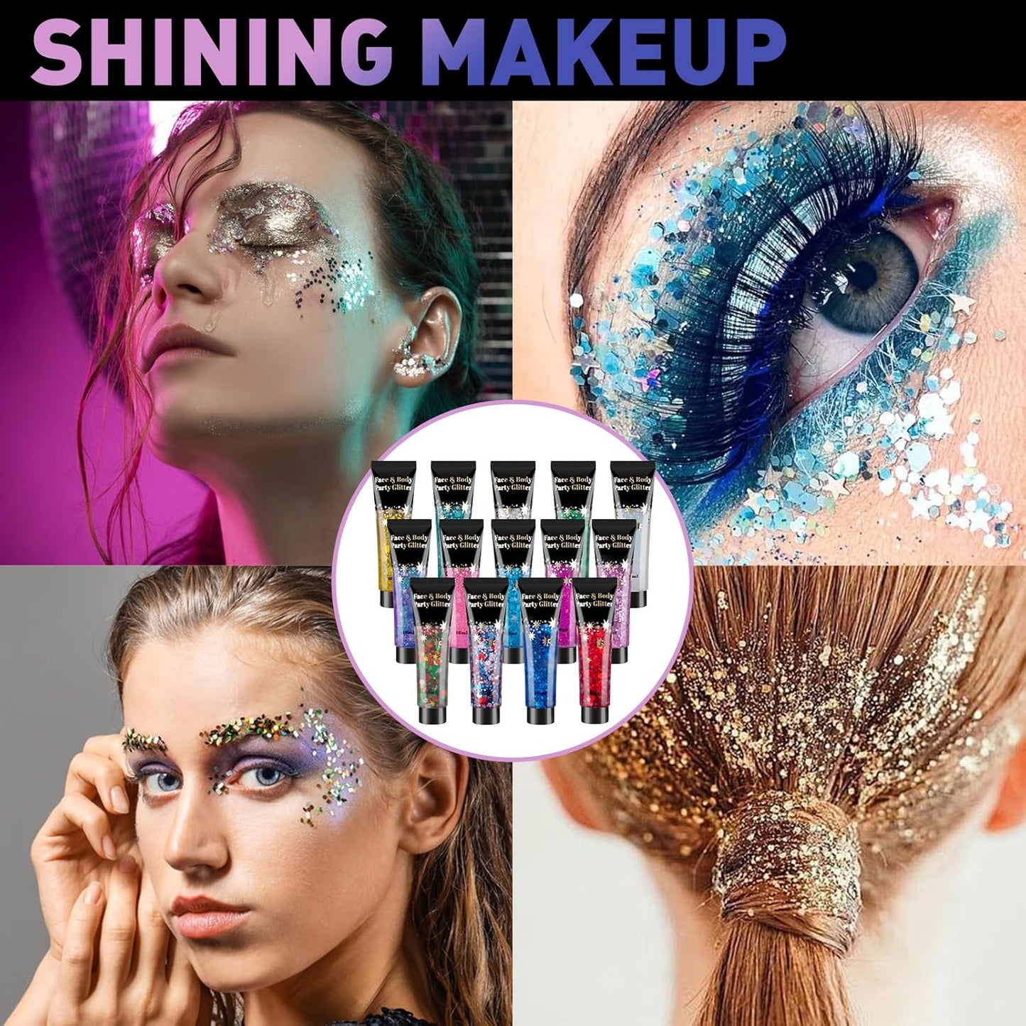 AROIC Body Glitter Gel Set - 14 Vibrant Colors for 4th of July & Festivals | Eye & Hair Shimmer Makeup - 18ml Tube