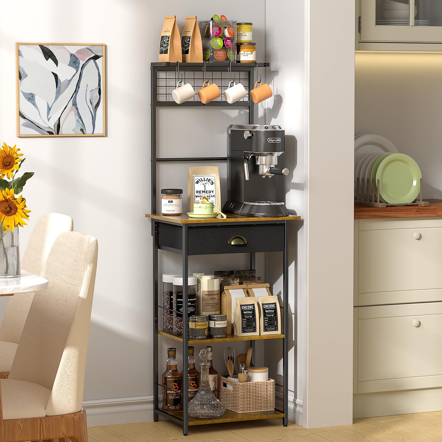 5 Tier Coffee Bar Station with Drawer, Kitchen Stand with 4 S-Shaped Hooks, Farmhouse Corner Coffee Bar Cabinet for Small Spaces, Bakers Rack for Kitchen, Living Room, 13.43" D x 18.93" W x 53.31" H