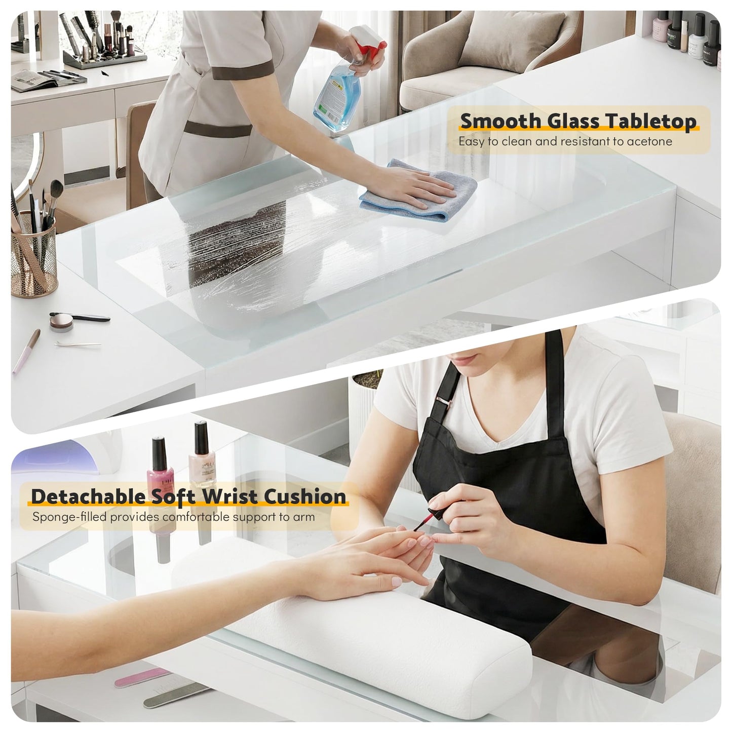 Lavoker Manicure Table Nail Station 60 inch L-Shaped Nail Desk for Nail Tech with Glass Table Top White Nails Table with Shelves Drawer Storage Space.