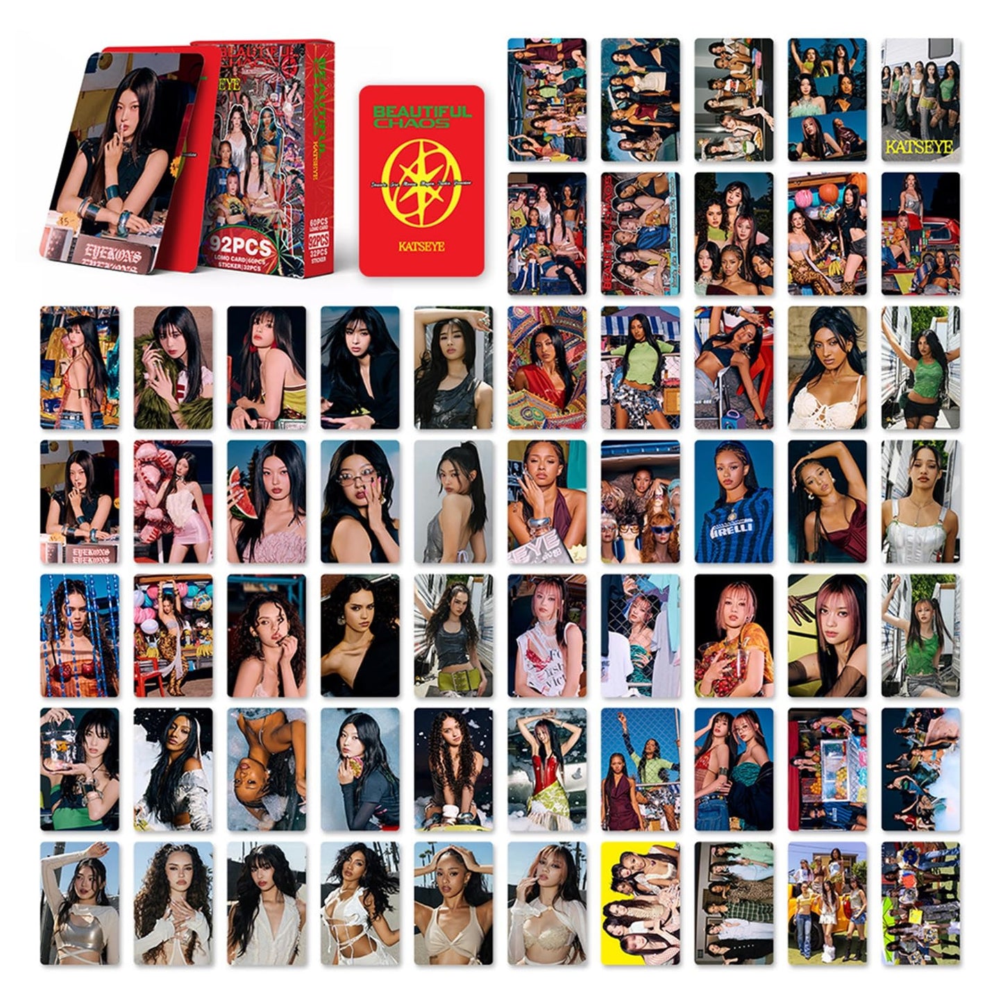 JCCDMZSL Katseye Photocards Beautiful Chaos Album 60PC Lomo Cards+32PC Katseye Stickers Set for Fans