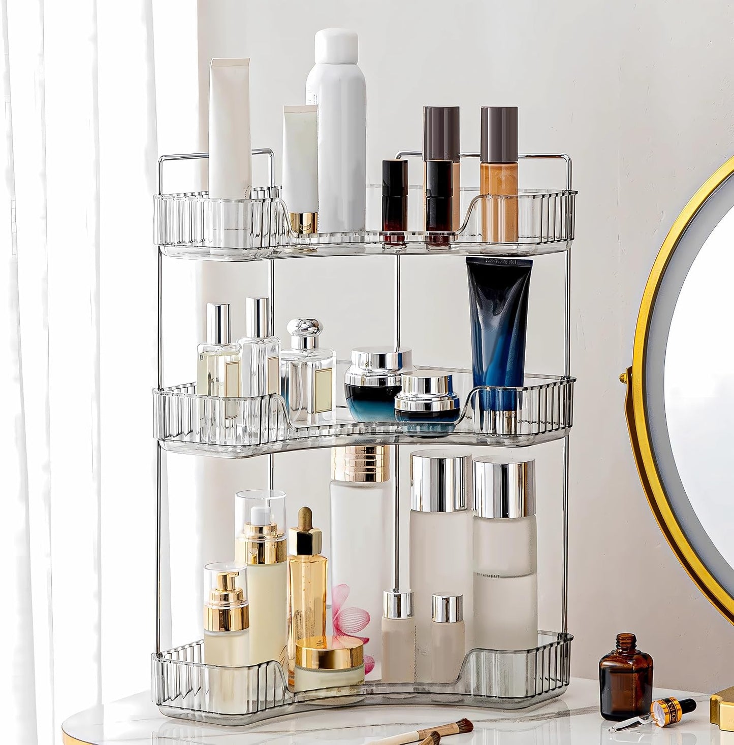3 Tier Corner Bathroom Organizer - Stylish Makeup & Perfume Shelf for Vanity | Grey