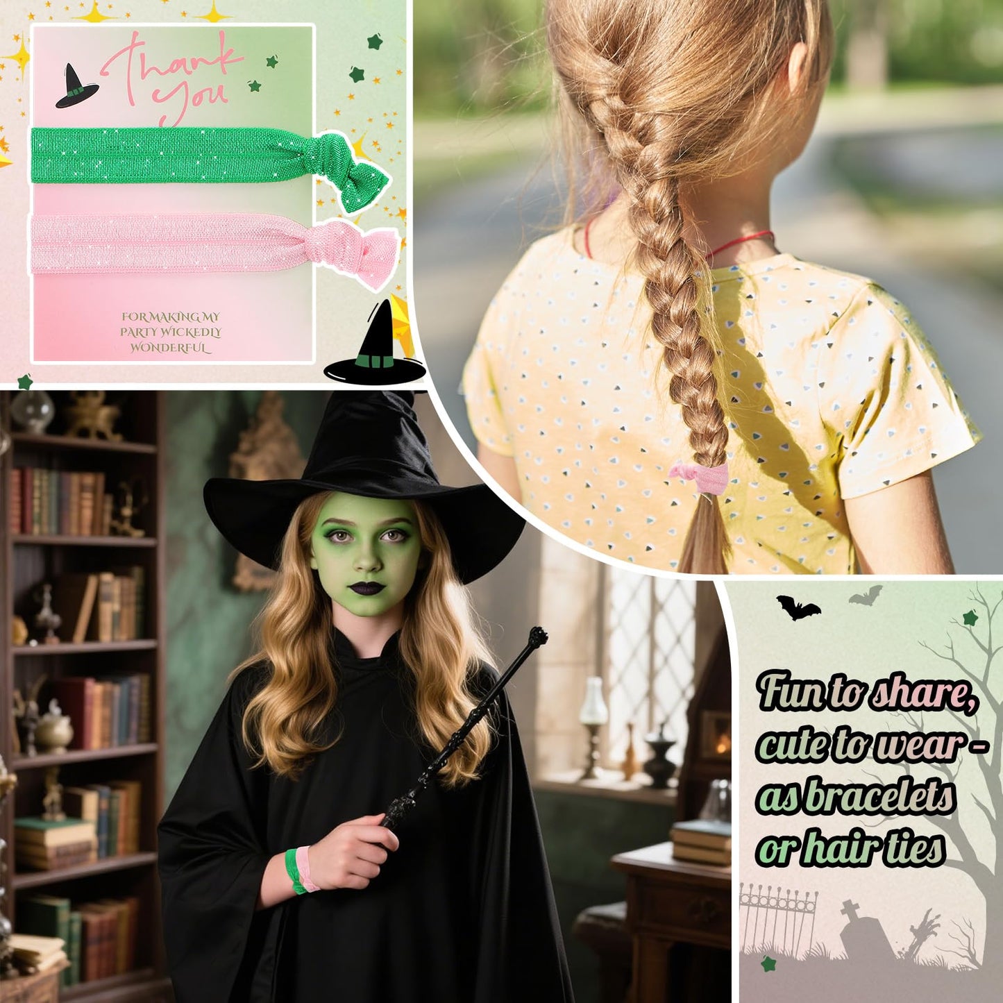 Yuxung 12 Sets Green and Pink Party Favors Elastic Witch Hair Ties Hair Accessories with Thank You Card for Witch Friendship Gifts
