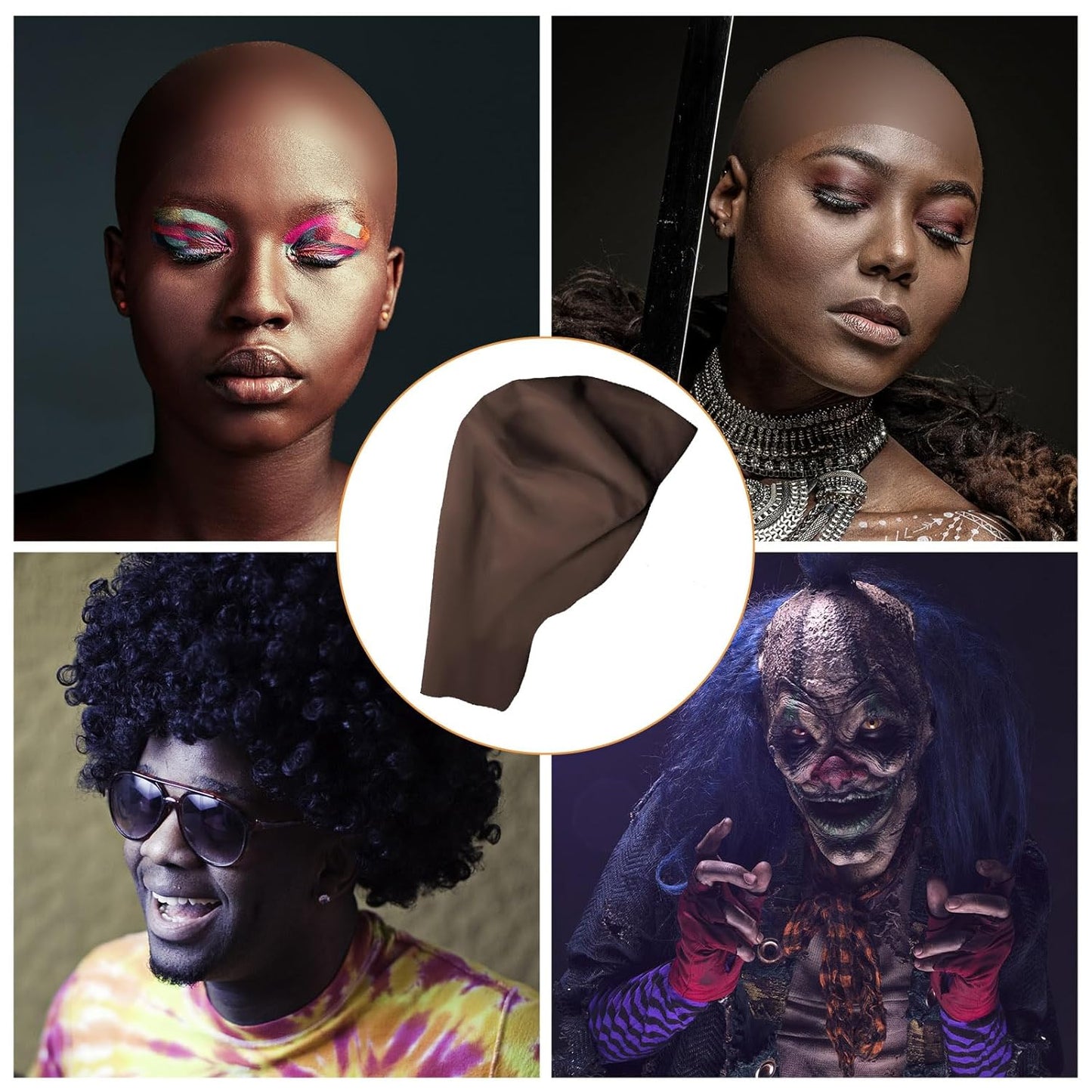Dark Brown Bald Cap SFX Makeup Kit - Black Wig Cap with Water-Based Adhesive for Deep Skin Tones | Perfect for Halloween & Cosplay