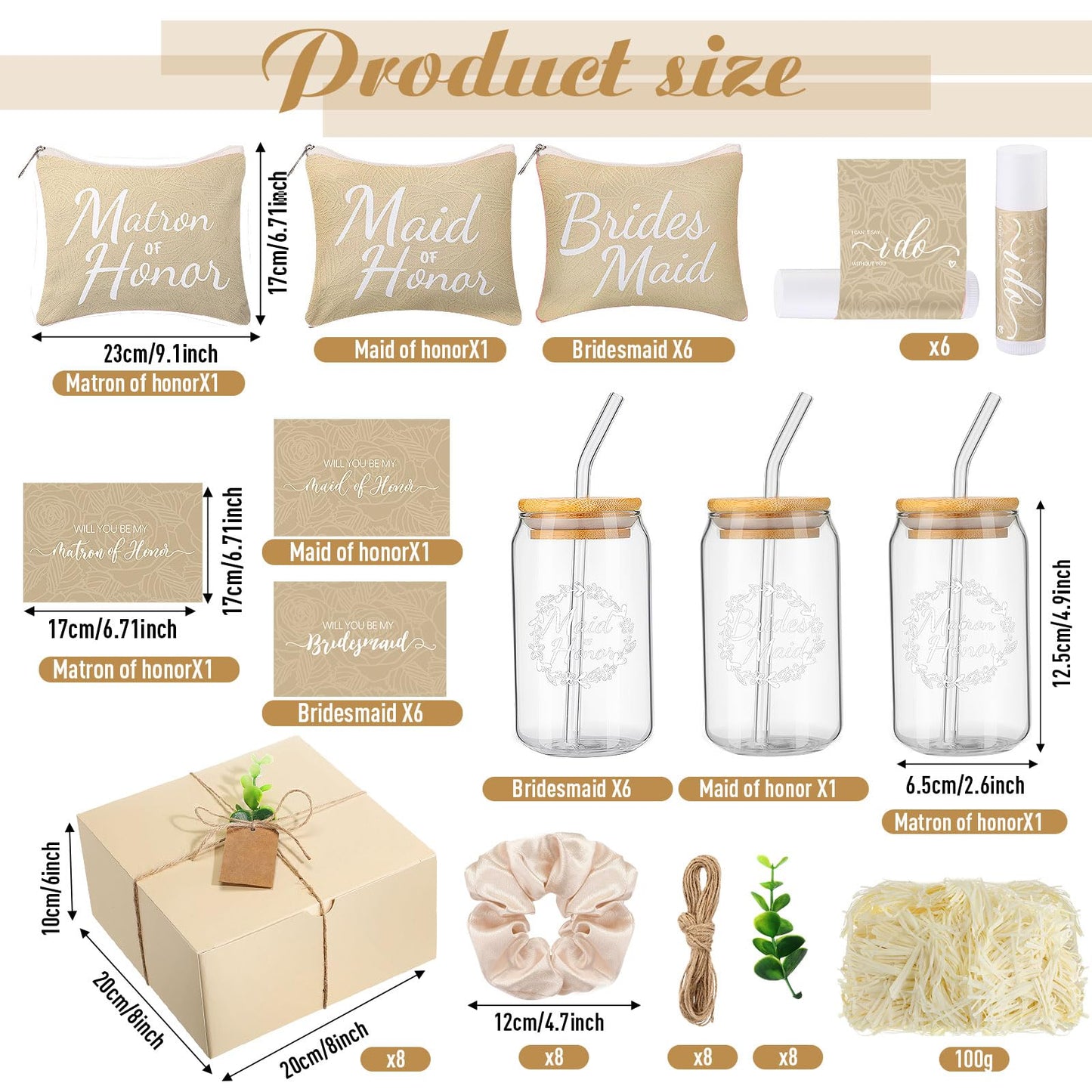 FillTouch 72 Pcs Bridesmaid Proposal Gifts, Will You Be My Bridesmaid, Maid and Matron of Honor Gift with Gift Box Glass Cup Makeup Bag Cards Lip Balm Hair Scrunchie Bracelet Wedding Day(Beige Color)