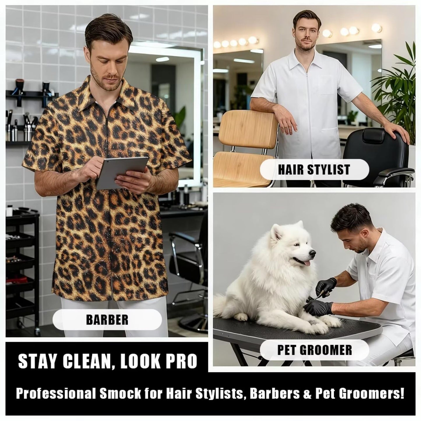 Srengjodk Leopard Print Jacket For Barber Unisex Waterproof Hairstylist Aprons For Women, Grooming Smocks With 3 Pockets Quick-Dry Hair Stylist Work Vest Apron L M