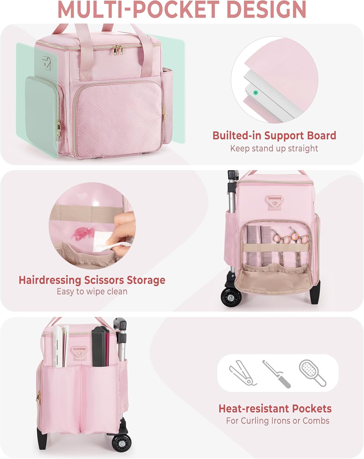 Rolling Hairstylist Travel Bag - Hair Tool Bag with 2 Pouches & Heat Insulation | Pink