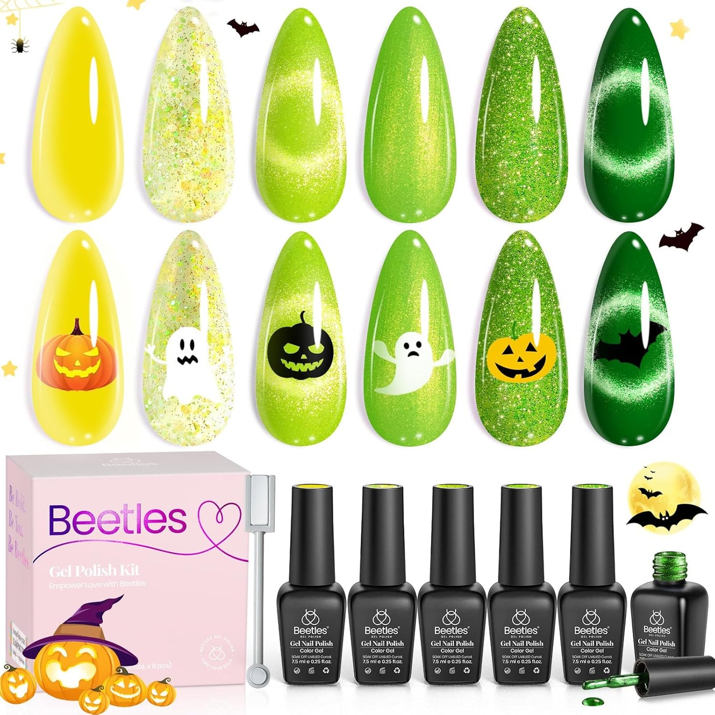 Beetles Green Gel Nail Polish Set - 6 Colors Cat Eye Glitter Gel | Summer Lime Yellow Flash UV LED Starter Kit for DIY Home & Salon Use