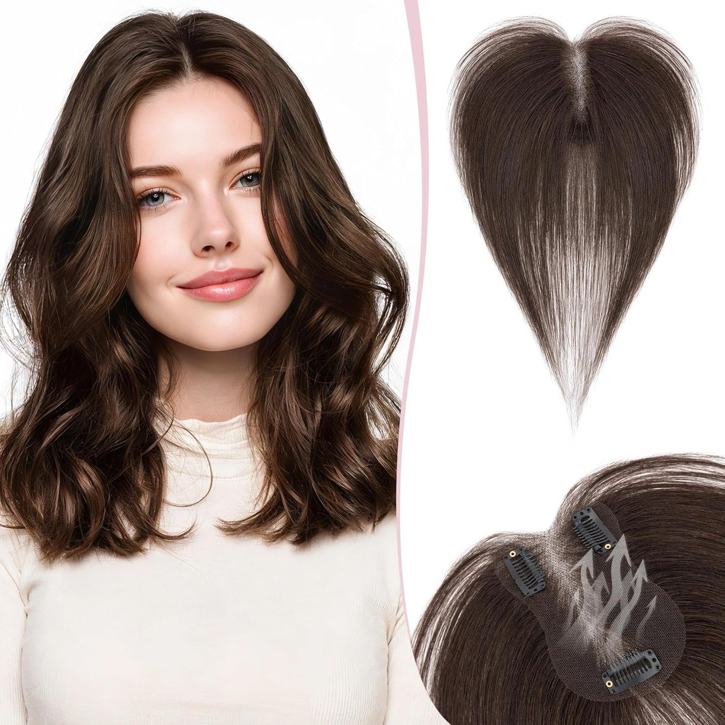 Real Human Hair Toppers for Women - Hand-Tied Clip-In Hairpieces with Side Bangs | 11-Inch Dark Brown
