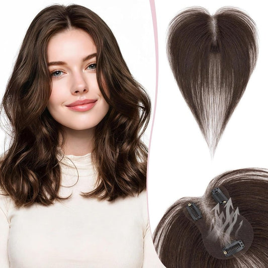 Real Human Hair Toppers for Women - Hand-Tied Clip-In Hairpieces with Side Bangs | 11-Inch Dark Brown