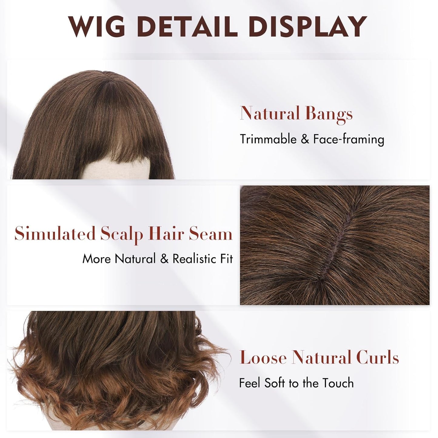 Layered Body Wave Wig with Bangs for Women - 16 Inch Heat Resistant Synthetic Hair | Natural Looking Auburn Mix Dark Brown