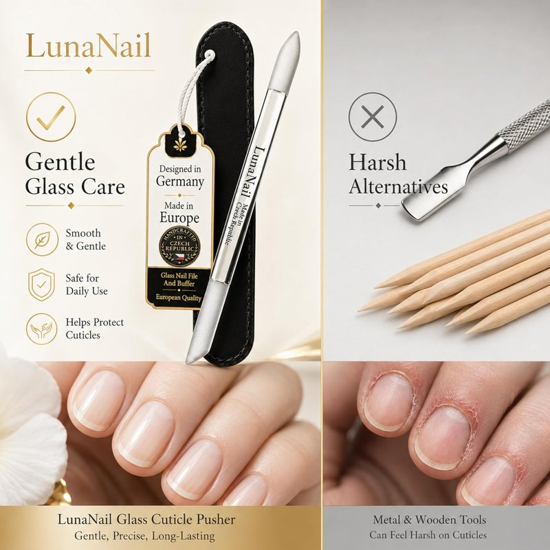 Glass Cuticle Pusher - Premium Double-Sided Manicure Tool for Gentle Nail Care | Hygienic & Durable Velvet Case