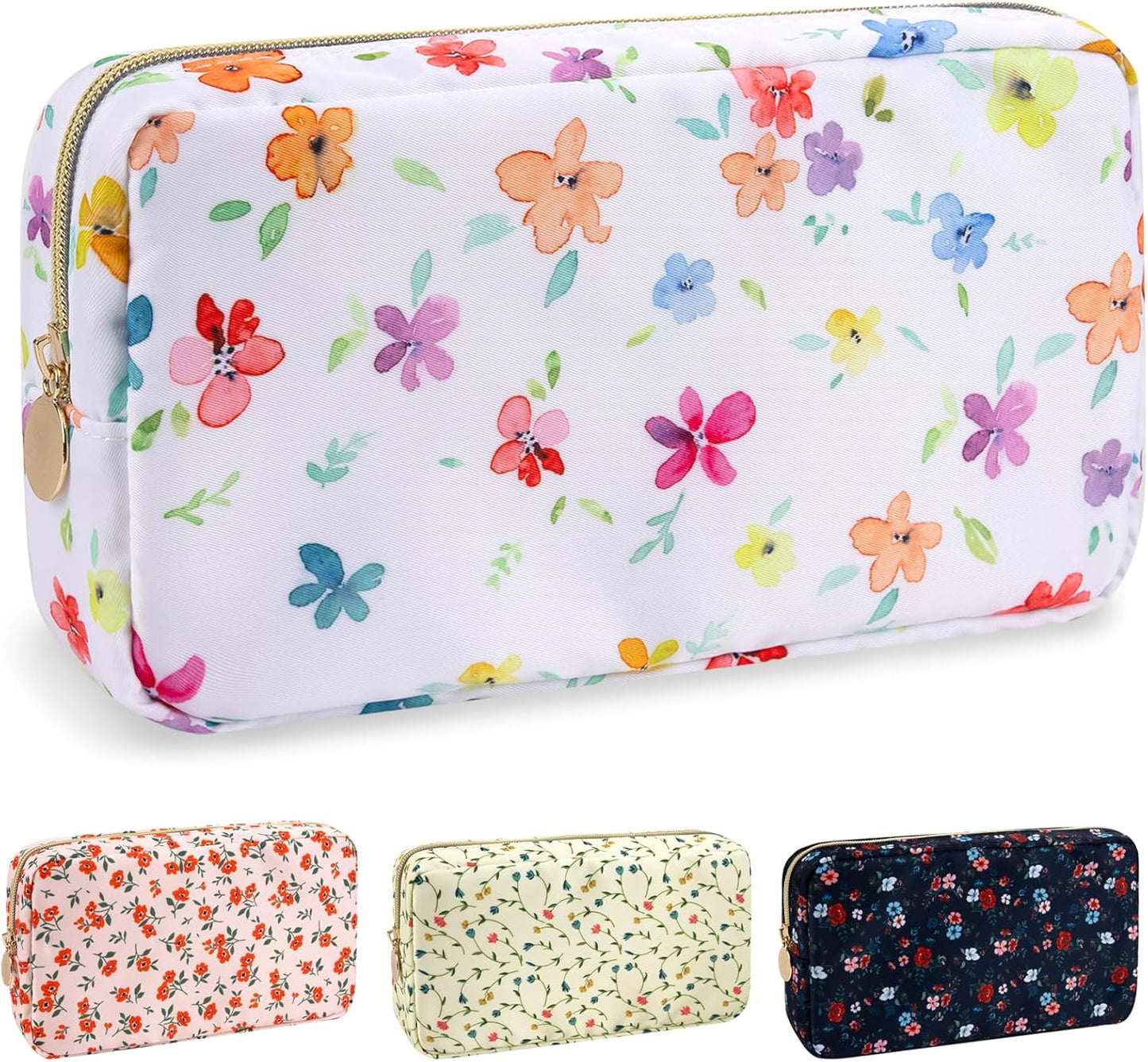 Floral Makeup Bag - Cute Pink Nylon Zipper Pouch for Travel | Waterproof Cosmetic Organizer for Women
