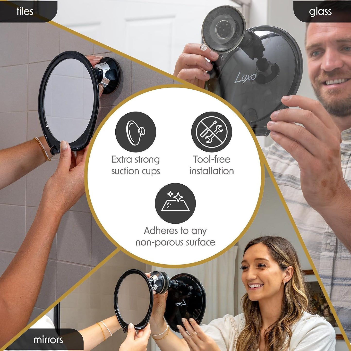 Luxo Shower Mirror - Fogless Shaving Mirror with Razor Holder & Suction Cup | Shatterproof Design (Black)