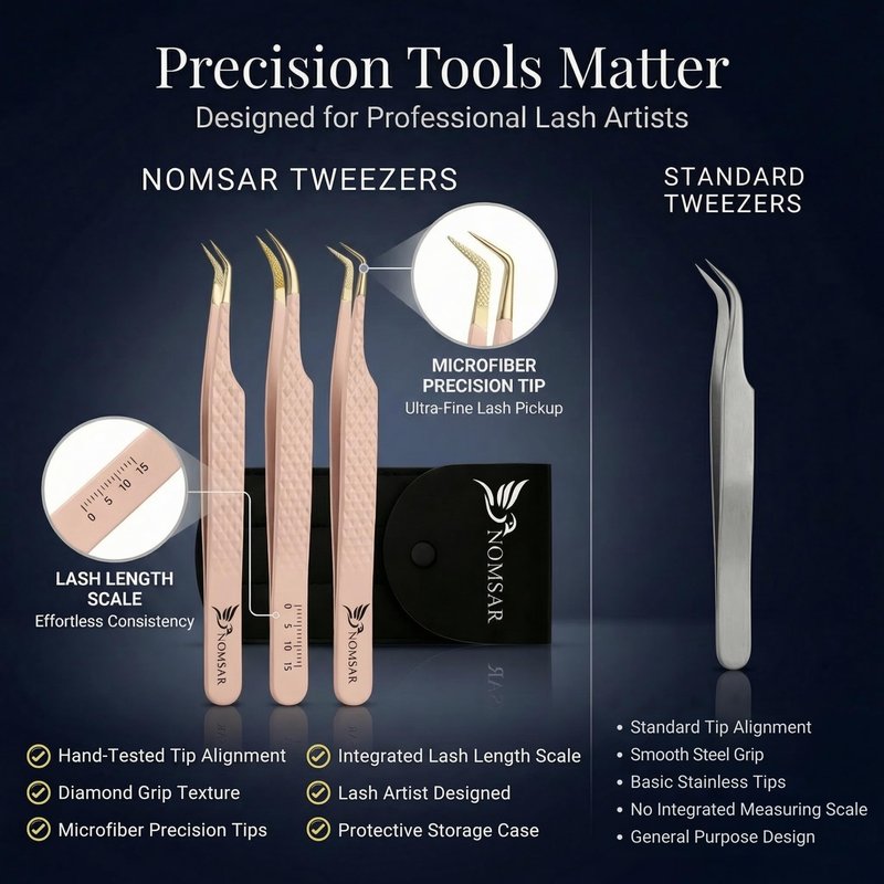 NOMSAR Professional Lash Extension Tweezers Set – Fiber Tip lash Tweezers with Diamond Grip | Stainless Steel Eyelash Extension Tweezers for Volume & Isolation | Lash Tweezers for Lash Artists (Peach)
