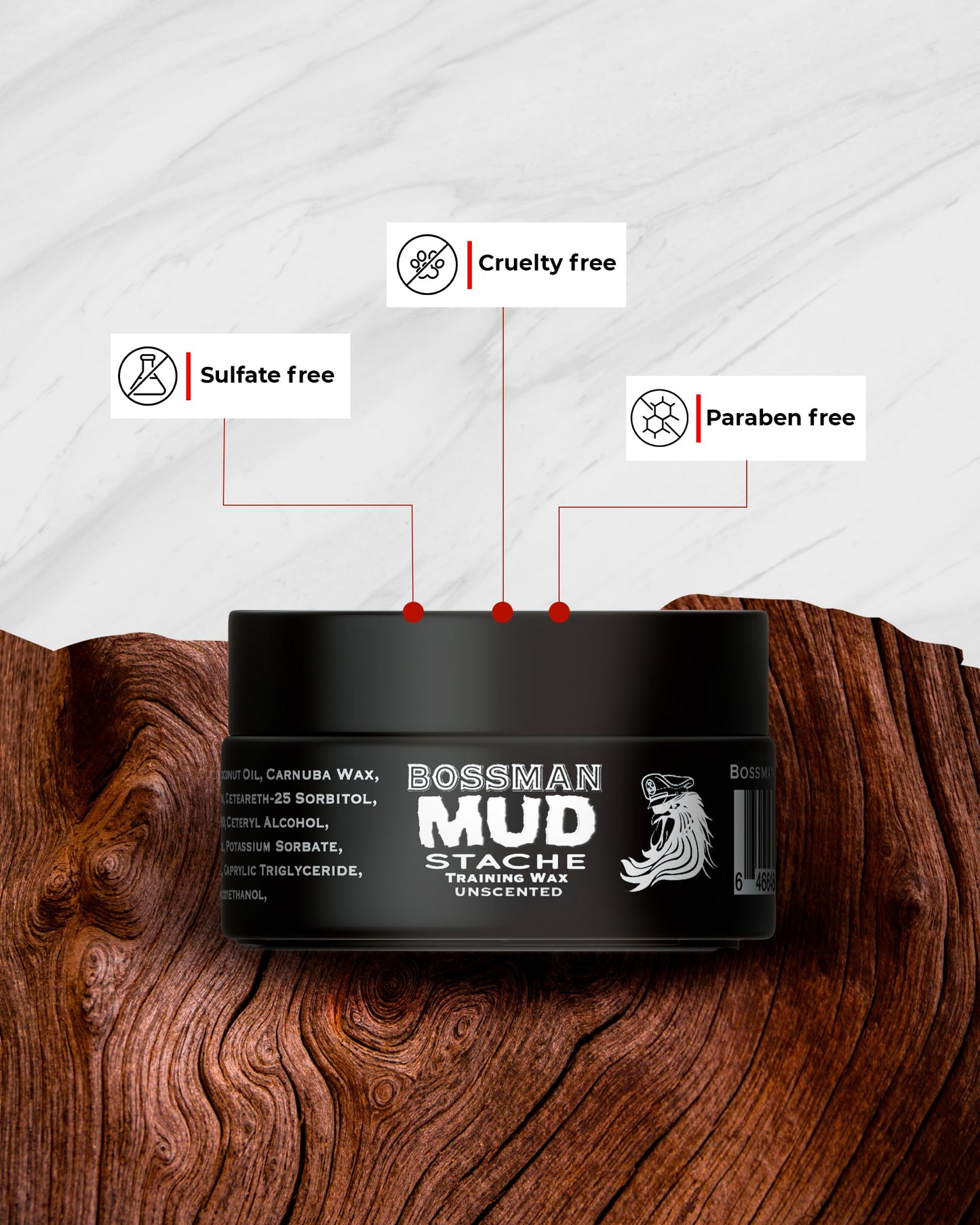 Bossman MUDstache Mustache Wax for Men + Acetate Folding Mustache & Beard Comb – Unscented Styling and Grooming Kit