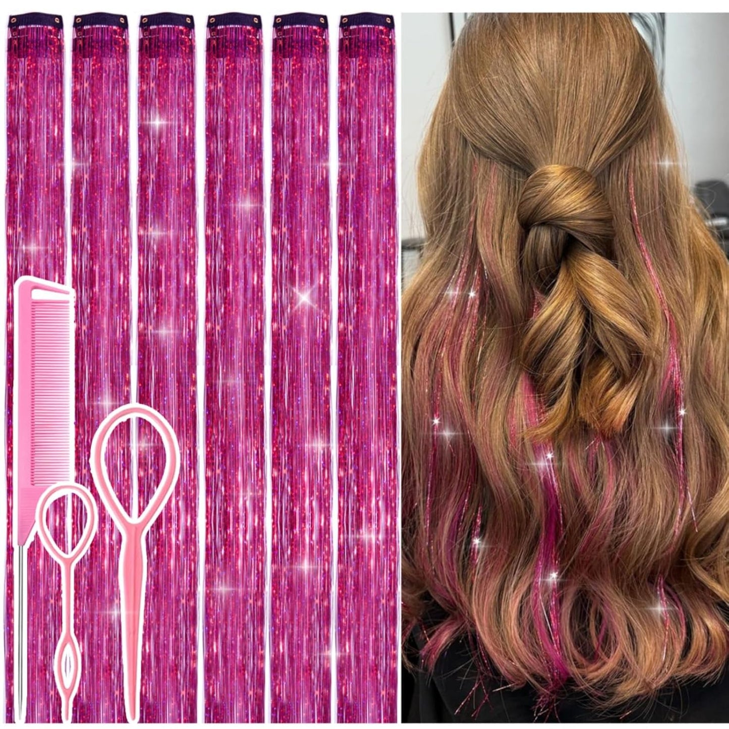 Hair Tinsel Kit - 12 Pcs 24 Inch Gold Glitter Clip-In Hair Extensions for Girls & Women | Perfect for Christmas & New Year Parties