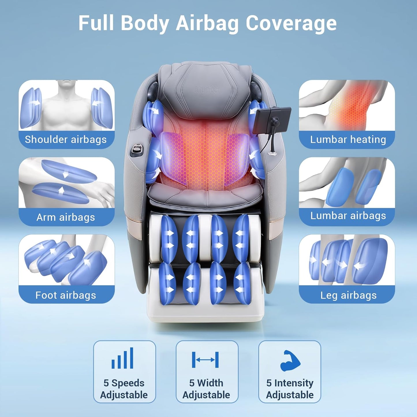 Full Body Shiatsu Massage Chair - 170° Flexible SL Track, Bluetooth, Airbags & Heating | Grey MC1650