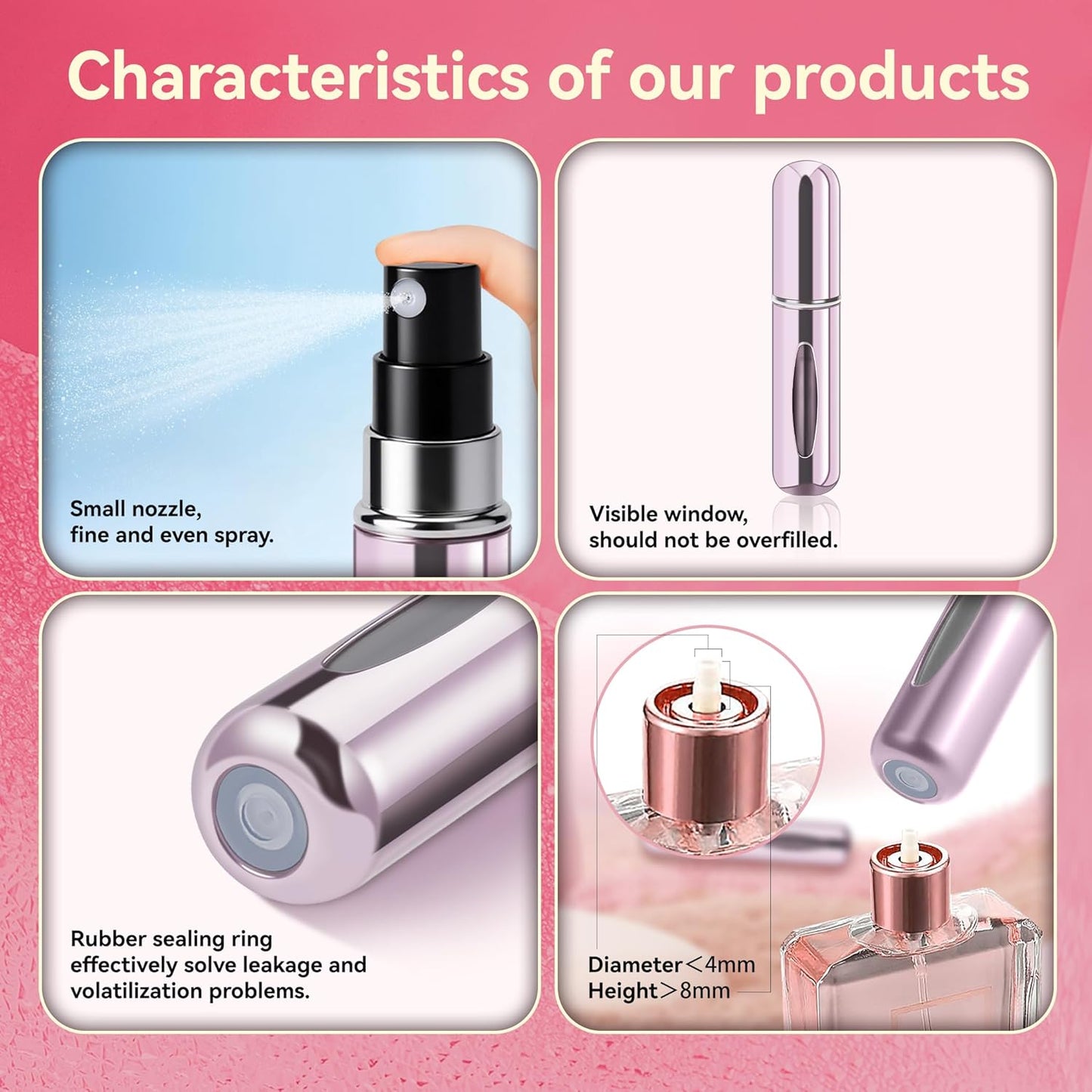 Refillable Perfume Atomizer Bottle - Portable Travel Spray, 5ml | 4 Pack in Silver, Purple, Blue, Gold, Pink, Black