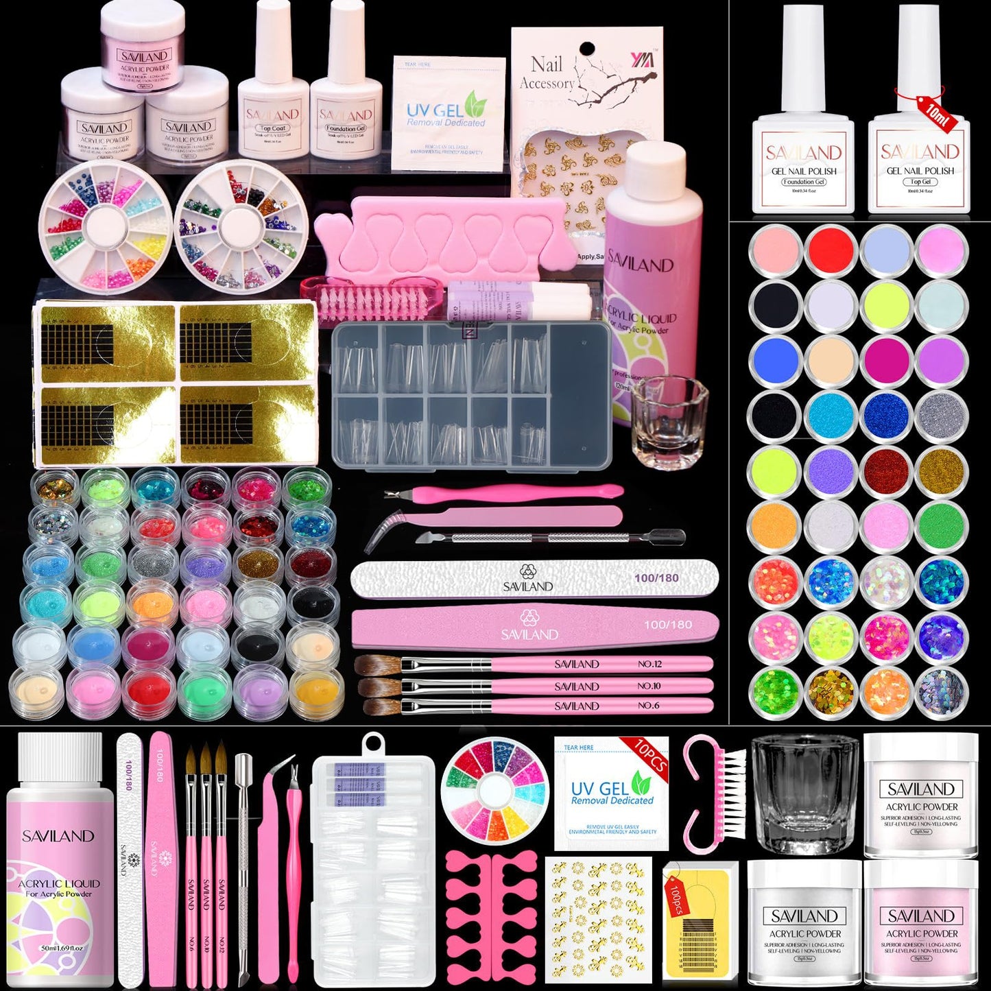 Saviland Acrylic Nail Kit – 61 in 1 Nail Kit Set Full Acrylic Powder Set with Everything Nail Supplies Acrylic Nail Liquid Nails Tips & Glue for Beginners Nail Extension French Manicure Home DIY